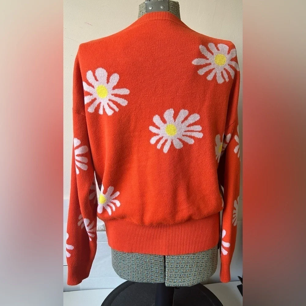 ZOCAVIA Vintage Aesthetic Cable Knit Sweater Sz.M ORANGE/WHITE DAISY PRINT